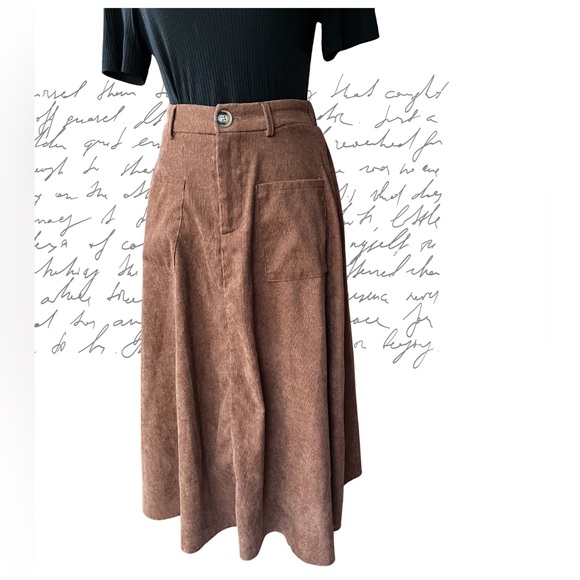 Women's Brown Corduroy A-Line Midi Skirt - Picture 2 of 5